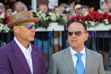 e Five Racing’s owner Bob Edwards, left speaks with trainer Chad Brown after his horse Carl Spackler and and his son in law  jockey Tyler Gaffalione won the 39th running of The National Museum of Racing Hall of Fame GII at the Saratoga Race Course Friday Aug. 11, 2023 in Saratoga Springs, N.Y. Photo by Skip Dickstein