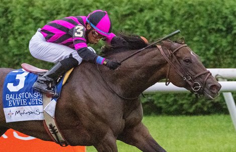 Evvie Jets with jockey Manuel Franco took the lead at the top of the stretch to win the 35th running of The Mohegan Sun Ballston Spa at the Saratoga Race Course Thursday Aug. 24, 2023 in Saratoga Springs, N.Y. Photo by Skip Dickstein