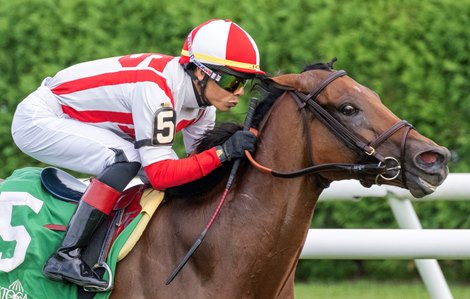Technical Analysis with jockey Jose Ortiz (red and white cap) begins his move at the top of the stretch and moved away from the field to win the 20th running of The De La Rose Stakes the Saratoga Race Course Wednesday, Aug. 2, 2023 in Saratoga Springs, N.Y. Photo  by Skip Dickstein