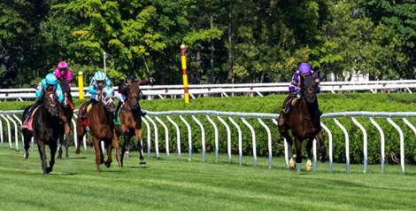 Tawny Port with jockey Joel Rosario aboard easily put away the field in the 19th running of The John’s Call stake at the Saratoga Race Course Wednesday Aug. 23, 2023 in Saratoga Springs, N.Y. Photo by Skip Dickstein