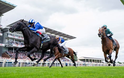 Mostahdaf (Frankie Dettori) wins the Juddmonte International<br>
York 23.8.23 Pic: Edward Whitaker