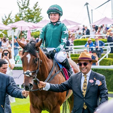 Owner/breeder Imad Al Sagar leads homebred and multiple group 1 winner Nashwa after winning the 2022 Nassau Stakes at Goodwood