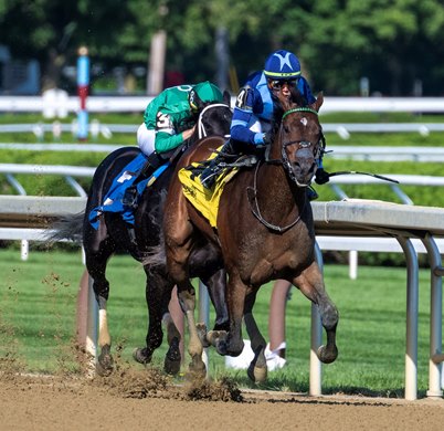 Brightwork with jockey Irad Ortiz Jr.,runs past Here U Come Again to win the 107th running of The Adirondack at the Saratoga Race Course Sunday, Aug. 6, 2023 in Saratoga Springs, N.Y. Photo  by Skip Dickstein