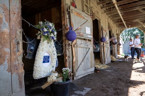 The Winner’s blanket of flowers from the Test Stakes hangs on the stall guard of fallen Maple Leaf Mel in her barn on the grounds of the Oklahoma Training Center adjacent to the Saratoga Race Course Sunday, Aug. 6, 2023 in Saratoga Springs, N.Y. Photo  by Skip Dickstein