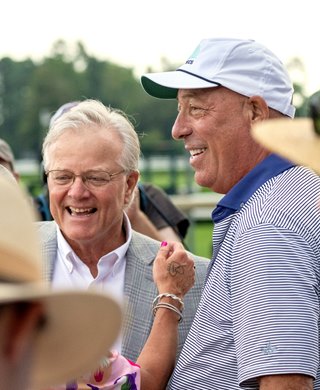 Casa Creed’s owner Lee Einsidler, right and his trainer Billy Mott are all smiles after Casa Creed won the 39th running of The Fourstardave at the Saratoga Race Course Saturday, Aug. 12, 2023 in Saratoga Springs, N.Y. Photo  by Skip Dickstein