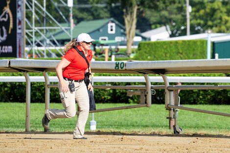 Vet arrives on scene during the H. Allen Jerkens Memorial Stakes (G1) at Saratoga Race Course in Saratoga Springs, N.Y., on Aug. 26, 2023.