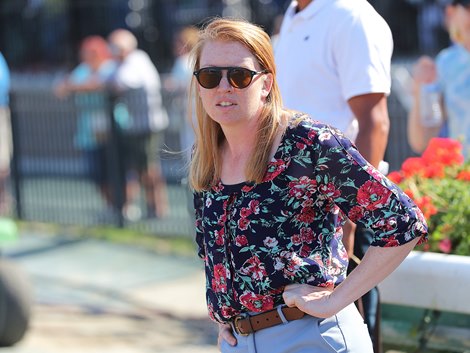 Trainer Lindsay Schultz, conditioner of Whelen Springs who won the $250,000 Grade III Philip H. Iselin Stakes Monmouth Park Racetrack in Oceanport, NJ on Saturday August 19, 2023.  Photo By Bill Denver/EQUI-PHOTO