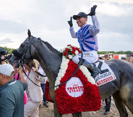 Jockey Javier sits atop Arcangelo after winning the 154th running The Travers Stakes his sixth time at the Saratoga Race Course Saturday Aug 26, 2023 in Saratoga Springs, N.Y. Photo Special to the Times Union by Skip Dickstein