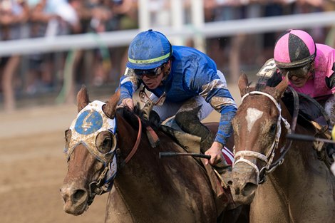 Pretty Mischievous and Tyler Gaffalione win the G1 Test Stakes, Saratoga Racetrack, Saratoga Springs, NY, Aug. 5, 2023, Mathea Kelley