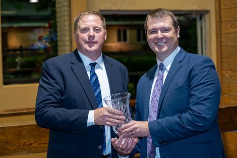 Jon Cozart presented Danny Mulvihill of Godolphin with the 2022 National Breeder of the Year at the TOBA Awards at Fasig-Tipton on , Saturday Sept. 9, 2023  in Lexington, Ky. Photo by Mark Mahan Mahan Multimedia