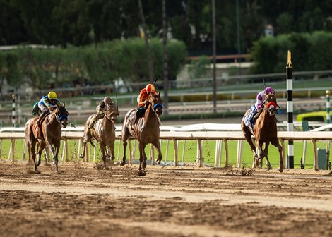Reddam Racing’s Slow Down Andy and jockey Mario Gutierrez, right, draw away in mid-stretch and go on to win the $300,000 Grade I Awesome Again Stakes Saturday, September 30, 2023 at Santa Anita Park, Arcadia, CA.    Benoit Photo