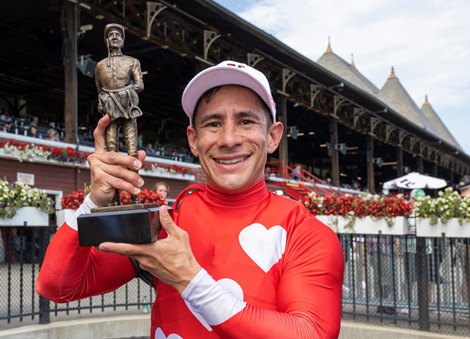 Jockey Junior Alvarado receives the Venezia at the Saratoga Race Course Sept. 2,  2023 in Saratoga Springs, N.Y. Photo  by Skip Dickstein