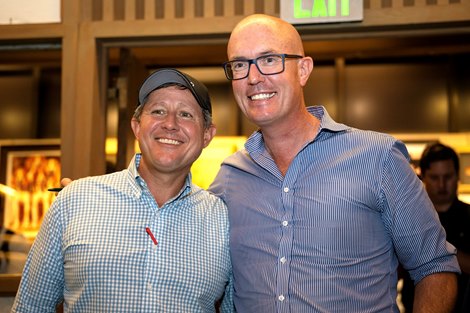 (L-R): Brian Graves and Tom Ryan, buyer of Hip 218 a yearling colt by Into Mischief out of Magical World, that was consigned by Gainesway to the 2023 Keeneland September Yearling Sale on Sept. 12, 2023 at Keeneland in Lexington, KY.