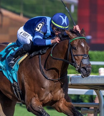 Brightwork with jockey Irad Ortiz Jr. wins ithe 132nd running of The Spinaway at the Saratoga Race Course Sunday Sept. 3,  2023 in Saratoga Springs, N.Y. Photo by Skip Dickstein