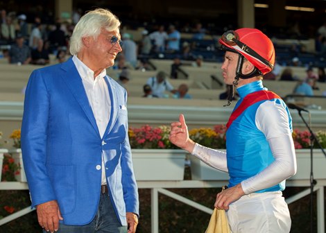 Arabian Knight trainer Bob Baffert, left, and jockey Flavien Pratt, right, enjoy victory in the Grade 1 million-dollar Pacific Classic on Saturday, September 2, 2023 at the Del Mar Thoroughbred Club, Del Mar, California.  Benoit Pictures