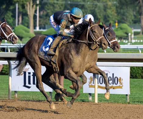 Nutella Fella #3 with jockey Junior Alvarado comes up on the outside of the field on the way to the win in the 119th running of The Hopeful at the Saratoga Race Course Monday Sept. 4,  2023 in Saratoga Springs, N.Y. Photo  by Skip Dickstein