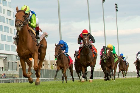 Jockey John Valezquez guides She Feels Pretty to victory in the $500,000 Johnnie Walker Natalma Stakes. She Feels Pretty is owned by Lael Stable and trained by Cherie DeVaux.