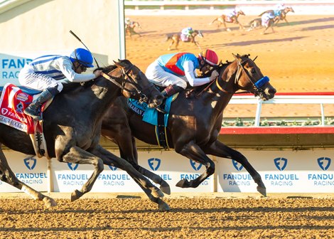 Zedan Racing's Arabian Knight and jockey Flavien Prat, right, hold off Geaux Rocket Ride (Mike Smith up), left,  to win the Grade I $1,000,000 Pacific Classic Saturday, September 2, 2023 at Del Mar Thoroughbred Club, Del Mar, CA.<br>
Benoit Photo