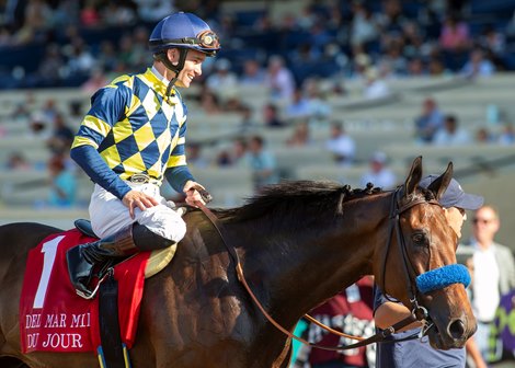 Du Jour and jockey Flavien Prat win the Grade II $300,000 Del Mar Mile Saturday, September 2, 2023 at Del Mar Thoroughbred Club, Del Mar, CA.<br>
Benoit Photo