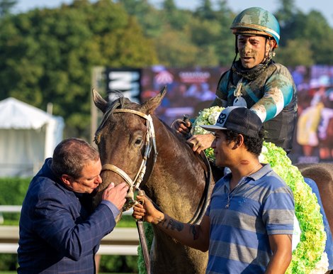 Owner Nick Beaver gives Nutella Fella a kiss on the nose after winningin the 119th running of The Hopeful at the Saratoga Race Course Monday Sept. 4,  2023 in Saratoga Springs, N.Y. Photo by Skip Dickstein