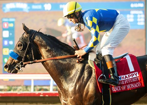 Jockey Flavien Prat guides Prince of Monaco to the winner's circle after their victory in the Grade I, $300,.000 Del Mar Futurity, Sunday, September 10, 2023 atDel Mar Thoroughbred Club, Del Mar CA.<br>
© BENOIT PHOTO