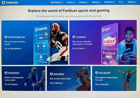 The FanDuel landing page promotes its sportsbook, casino, fantasy sports, and racing platforms