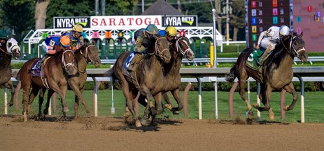 Nutella Fella #3 with jockey Junior Alvarado comes up on the outside of the field on the way to the win in the 119th running of The Hopeful at the Saratoga Race Course Monday Sept. 4,  2023 in Saratoga Springs, N.Y. Photo  by Skip Dickstein