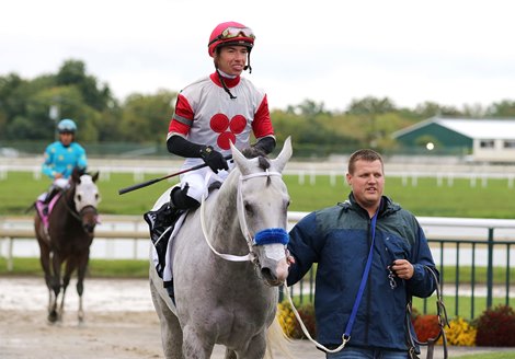 Nobody Listens #2 with Tyler Gaffalione riding won the $250,000 Grade III Turf Monster at Parx Racing in Bensalem, Pennsylvania on September 23, 2023. Photo By Bill Denver /EQUI-PHOTO