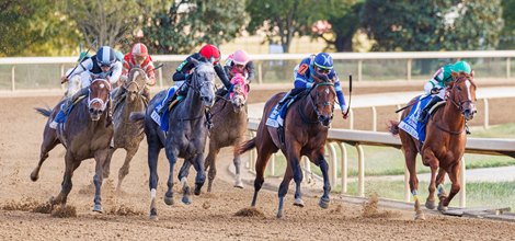 Candied, ridden by Luis Saez, goes to the outside to overtake V V&#39;s Dream, Brightwork, and Alys Beach on the way to wining the Gr.1 Darley Alcibiades S. by 1 length. Candied is a 2yo bay filly by Candy Ride (ARG)-Toni Tools and is trained by Todd Pletcher and owned by Eclipse Thorughtbred Partners.