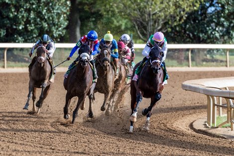 October 8, 2023: Idiomatic (Curlin) leads the field into the stretch for the Grade 1 "Win and You're In" Spinster with jockey Florent Geroux. Idiomatic is owned by Juddmonte. October 8, 2023: Idiomatic (Curlin) leads the field into the stretch for the Grade 1 "Win and You're In" Spinster with jockey Florent Geroux. Idiomatic is owned by Juddmonte.