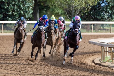 October 8, 2023: Idiomatic (Curlin) leads the field into the stretch for the Grade 1 &quot;Win and You&#39;re In&quot; Spinster with jockey Florent Geroux. Idiomatic is owned by Juddmonte.