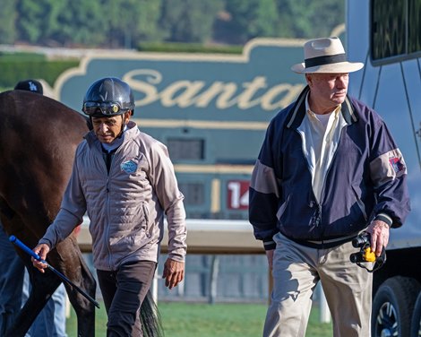 (L-R): Mike Smith and Richard Mandella, after Geaux Rocket Ride was pulled up<br>
Training at Santa Anita Park as horses prepare for the Breeders’ Cup on Oct. 28, 2023.