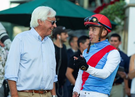 Muth's trainer Bob Baffert, left,  and jockey Juan Hernandez savor victory after the Grade I $300,000 American Pharoah Stakes Saturday, October 7, 2023 at Santa Anita Park, Arcadia, CA. <br>
Benoit Photo