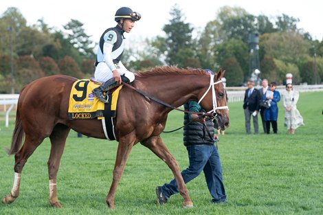 Locked and Jose Ortiz win the G1 Claiborne Breeders’ Futurity at Keeneland Racecourse, Lexington, KY, 10-7-23, Mathea Kelley
