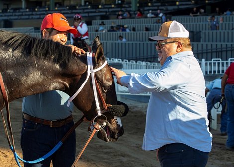 Dreamfyre has a moment with his trainer O.J. Jauregui after victory in the Grade III $200,000 Surfer Girl Stakes Sunday, October 8, 2023 at Santa Anita Park, Arcadia, CA. <br><br />
Benoit Photo