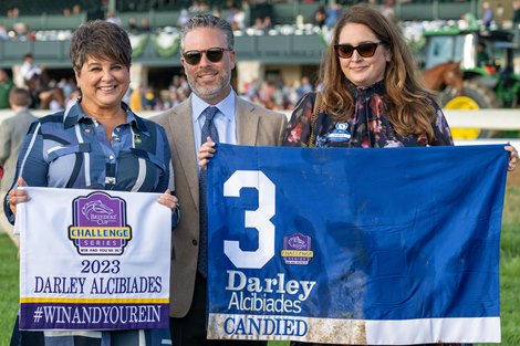 Candied with Luis Saez wins the Darley Alcibiades (G1). (L-R): Dora Delgado, Aron Wellman, Kelsey Marshall Hughes <br> Keeneland racing on Oct. 6, 2023.