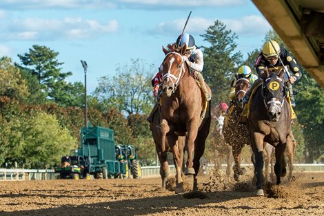 Locked and Jose Ortiz win the G1 Claiborne Breeders’ Futurity at Keeneland Racecourse, Lexington, KY, 10-7-23, Mathea Kelley