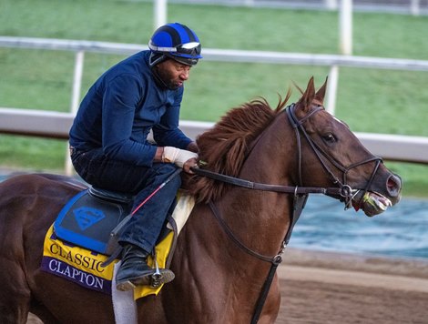 Clapton is on track while preparations continue Tuesday Oct. 31, 2023 for the 40th running of the Breeders’ Cup Championships which will occur Friday and Saturday at Santa Anita Race Track Sunday  in Arcadia, California.  Photo by Skip Dickstei