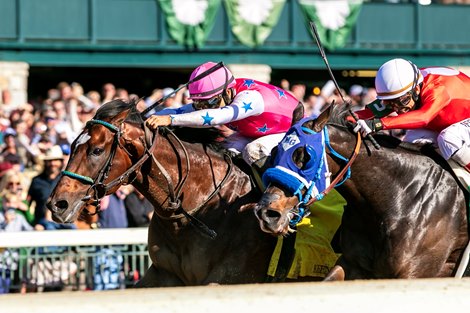October 21, 2023: Raise Cain (Violence) and jockey Luis Saez win the Perryville Stakes (L) over favored Dr. Venkman (Ghostzapper) at Keeneland Race Course for trainer Ben Colebrook.