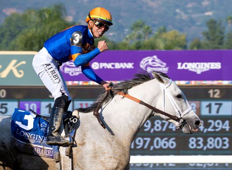 White Abarrio with Irad Ortiz, Jr. wins the Breeders’ Cup Classic (G1) at Santa Anita in Arcadia, CA on November 4, 2023.