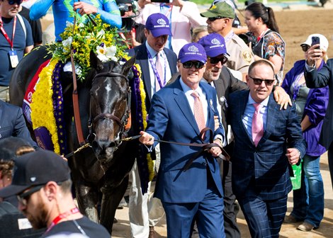 Steve Layton and Chad C. Brown after Goodnight Olive with Irad Ortiz, Jr. win the Filly & Mare Sprint (G1) at Santa Anita in Arcadia, CA on November 4, 2023.