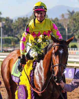 Hard To Justify with Flavien Prat wins the Juvenile Fillies Turf (G1T) at Santa Anita in Arcadia, CA on November 3, 2023.