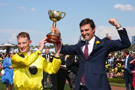 Without A Fight wins the 2023 Melbourne Cup at Flemington Racecourse<br>
ridden by Mark Zahra and trained by Anthony &amp; Sam Freedman