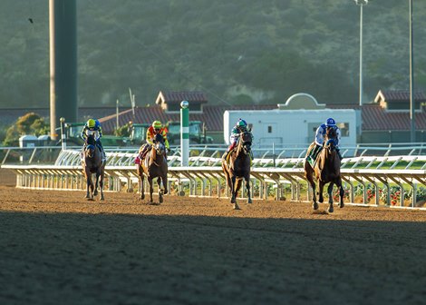 Baoma Corp.&#39;s Nysos and jockey Flavien Prat, right, make easy work of the Grade III $100,000 Bob Hope Stakes Sunday, November 19, 2023 at Del Mar Thoroughbred Club, Del Mar, CA.<br>
Benoit Photo