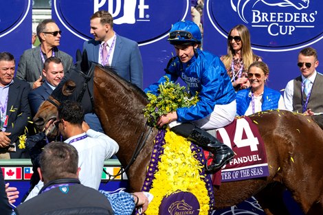 Master of The Seas with William Buick wins the Mile (G1T) at Santa Anita in Arcadia, CA on November 4, 2023.