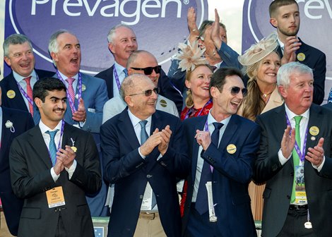Unquestionable&#39;s co-owner Michael Tabor, second from left, celebrates victory in the Grade I $1,000,000 Prevagen Breeders&#39; Cup Turf Friday, November 3, 2023 at Santa Anita Park, Arcadia, CA.<br><br />
Benoit Photo.