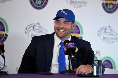 Trainer Brad Cox speaks after the race. Idiomatic with Florent Geroux wins the Distaff (G1) at Santa Anita in Arcadia, CA on November 4, 2023.