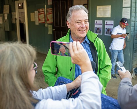 Rick Dutrow talkes with the media outside White Abarrio's stall in the Doug O'Neill barn.  Morning after the Breeders’ Cup on Nov. 5, 2023, with White Abarrio and connections at the barn.