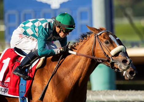 Harris Farms' Closing Remarks and jockey Juan Hernandez, outside, win the Grade II $200,000 Goldikova Stakes Sunday, November 5, 2023 at Santa Anita Park, Arcadia, CA.<br>
Benoit Photo