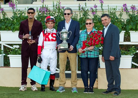 Klaravich Stables&#39; Surge Capacity and jockey Joel Rosario, right, outfinish stablemate Fluffy Socks (Irad Ortiz, Jr. up) to  win the Grade I $300,000 Matriarch Stakes Sunday, December 3, 2023 at Del Mar Thoroughbred Club, Del Mar, CA.<br>
Benoit Photo